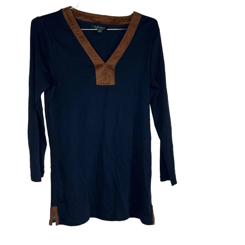 Lauren Ralph Lauren Navy Pullover Knit V-Neck Tunic Brown Faux Suede Trim Size S